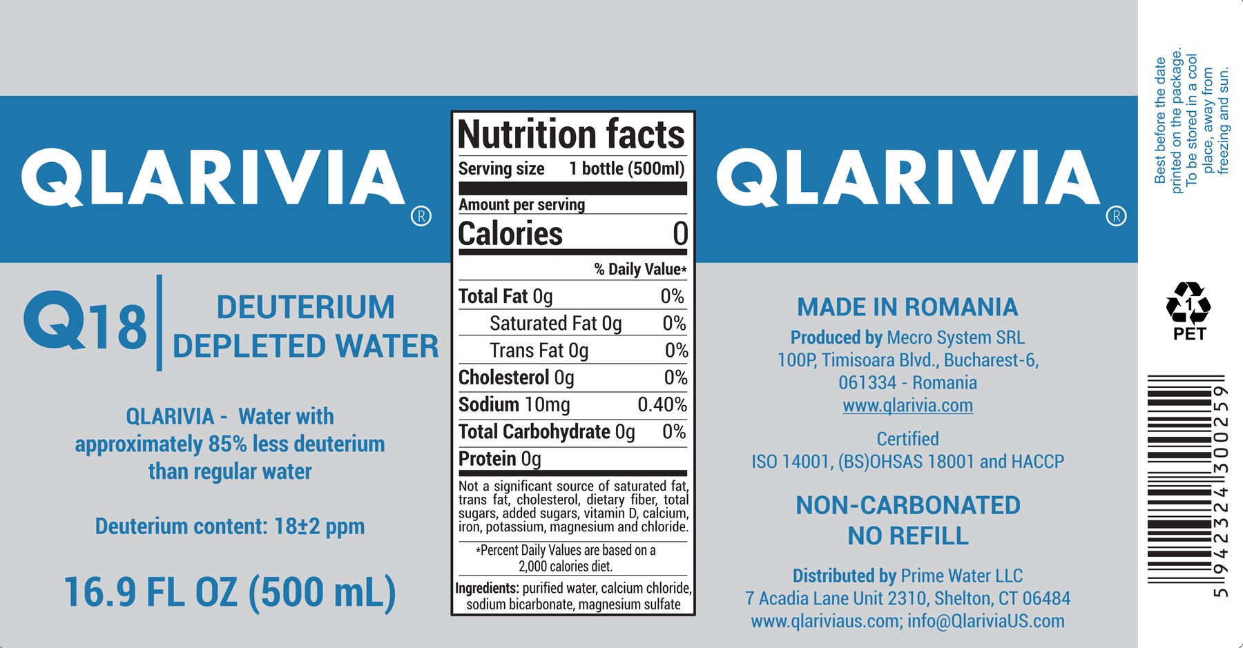 QLARIVIA Q18 bottle label with nutrition facts