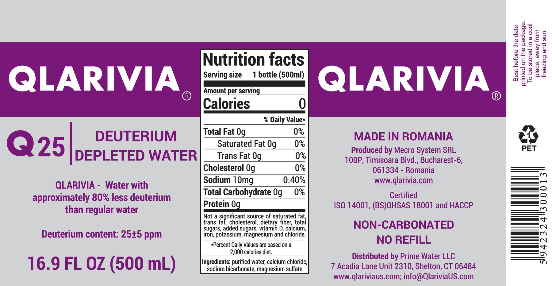 QLARIVIA Q25 bottle label with nutrition facts