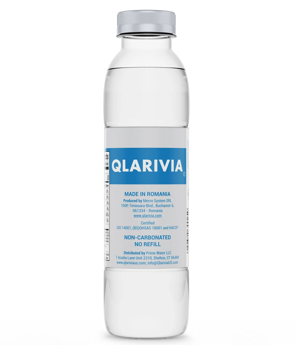Bagsidevisning af QLARIVIA Q18-flaske